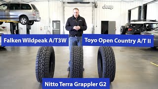 AT Tire Comparison Nitto Terra Grappler G2 vs Toyo Open Country ATII vs Falken Wildpeak AT3W [upl. by Haroun]