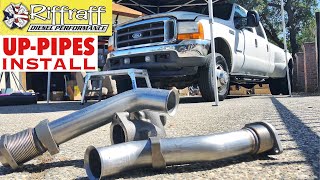 2001 F350 73  RiffRaff UpPipes Install  Stock up pipes leaking and falling apart JUNK SP [upl. by Darrill]