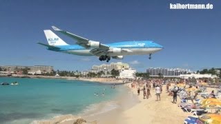 KLM 747 Landing and TakeOff with Jet Blast at Maho Beach  St Maarten  20120124 [upl. by Marder955]